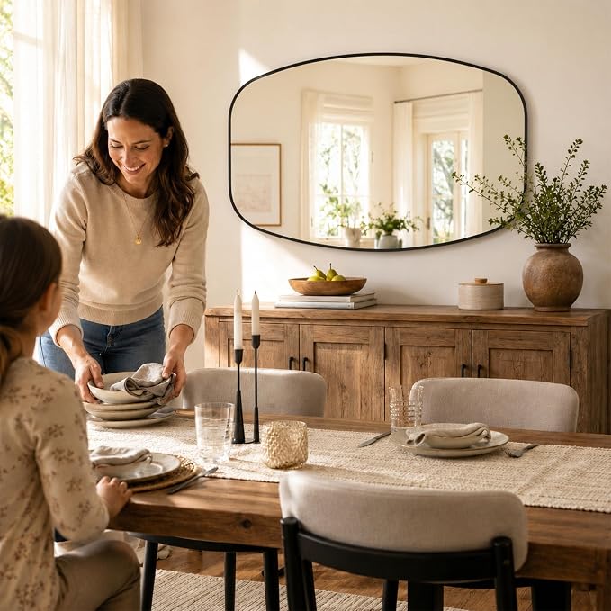 Matte Black Capsule Bathroom Mirror, 24x36 Inch | Aluminum alloy frame, pill-shaped design, tempered glass, two-way mount for dresser and console