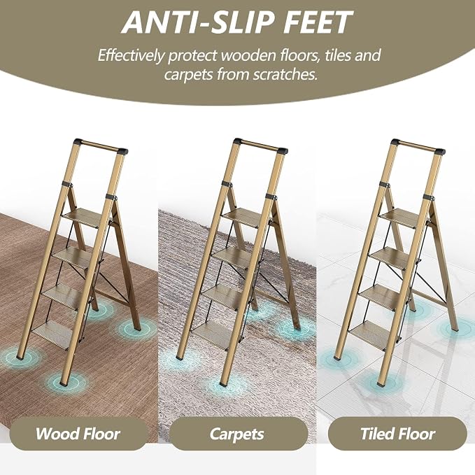 4 Step Ladder, Lightweight Folding Step Stool, Brown Gold | Reach 8ft;Anti-Slip 7.9'' Wide Pedal;Portable Handrail;Space-Saving;For Kitchen, Home, Library, Office Use;300lbs Capacity