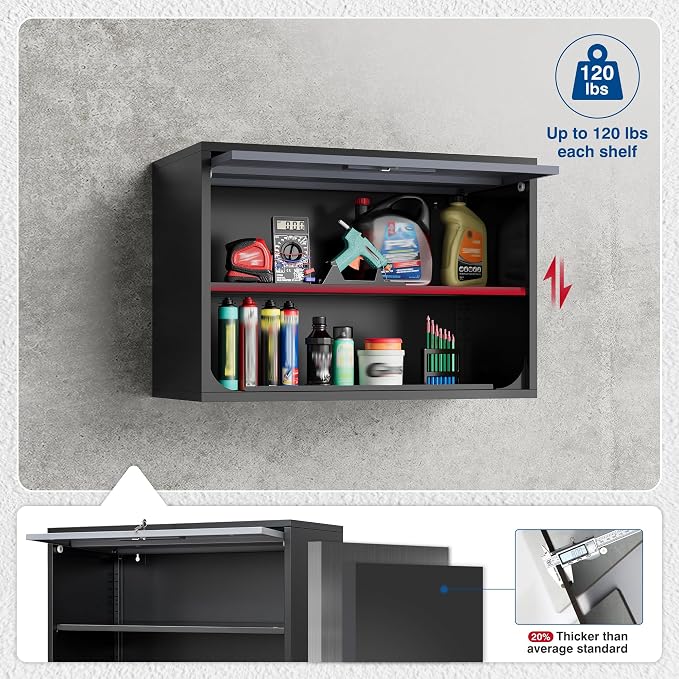 Fesbos Metal Storage Cabinet Black&Gray Wall Cabinets with Shelf and Locking Door - Wall Mounted Storage Cabinet for Garage Warehouse Home Office - Assembly Required