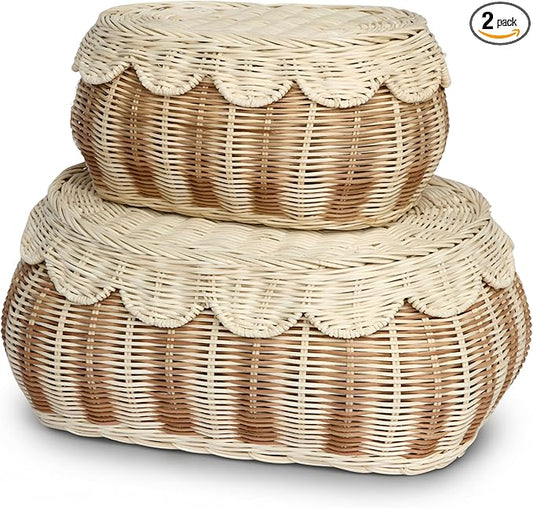 BEBE BASK The Original Scalloped Basket with Lid - Set of 2 (15x11x6 In) | Award Winner, Hand-Woven Rattan Scalloped Wicker Basket with Lid, Storage Baskets with Lids for Organizing, Scallop Basket
