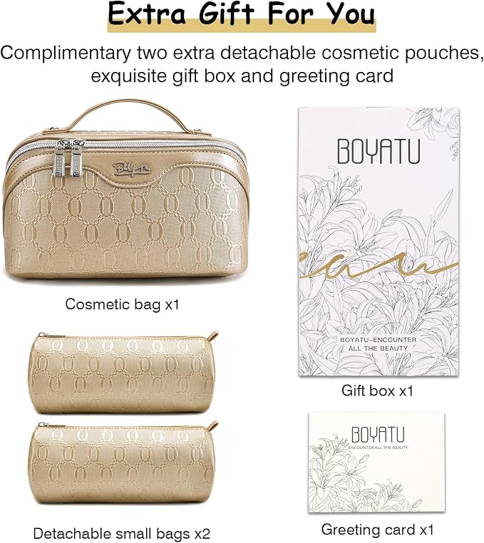 BOYATU Travel Makeup Bag Cosmetic Bags for Women: 3-Piece Makeup Bag Set | | Up to 20 3.4-oz Bottles | 180° Open-Flat Toiletry Organizer for Travel Essentials | Gift-Ready | (G-5-Gold Yellow)