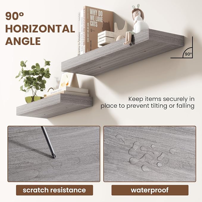 Acovy 16 Inch Floating Shelves for Wall 2 Pack, 16" Wall Shelves for Books, Storage, Decor, Wall Mounted Floating Shelf with Invisible Brackets for Kitchen, Living Room, Gray