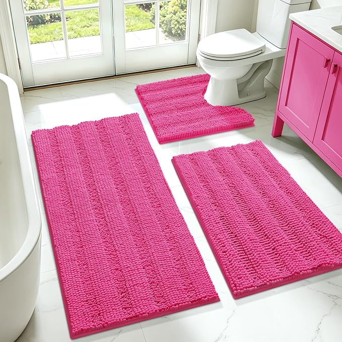 Christmas Striped Hot Pink Bathroom Rug Set 3 Pieces Ultra Soft, Non Slip Chenille Toilet Mat, Absorbent Plush Shaggy Bath Mats for Bathroom, Bedroom, Kitchen, Peach