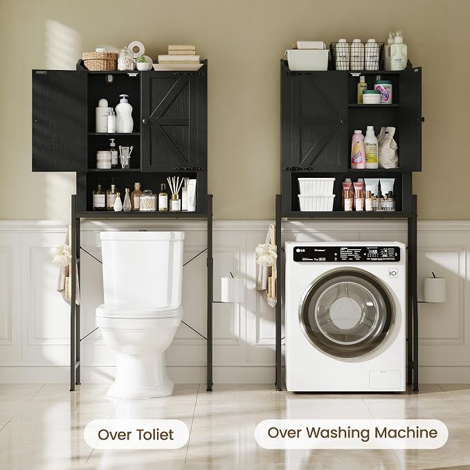 Over The Toilet Storage Cabinet with 2-Door & Metal Stand, Black | Toilet Paper Holder, 3 Extra Hooks, Anti-Tipping Device, With Adjustable Shelves, for Bathroom, Restroom, Laundry