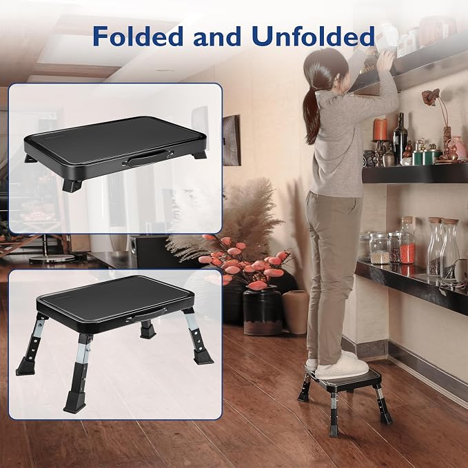 BONTEC Folding Step Stool, 3-Level Adjustable Metal Step Stool, 330lbs | Heavy Duty Folding Foot Stool with Anti-Slip Pedal and Locking Legs, Portable Stepping Stool for Kids, Kitchen, Home, Office