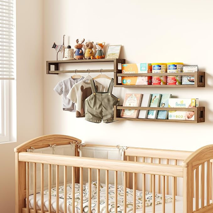3 Pack 24 Inch Nursery Book Shelves, Solid Wood Floatingshelf, Walnut Brown | Durable Wall Mounted Shelves, Long Display Space for Books, Photos, Bedroom, Living Room and Spice Rack & Decor