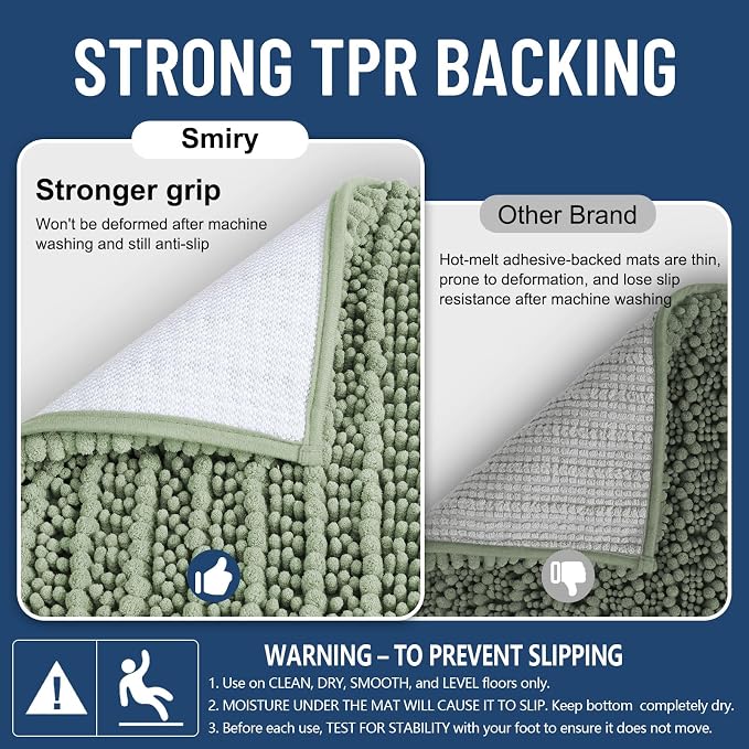 Smiry Bathroom Rugs 59X35, Extra Soft Rubber Backing Chenille Bath Mats | Sage Green Machine Washable Non Slip Quick Dry Bath Mats for Bathroom Floor, Tub, Shower, Home Decor Accessories