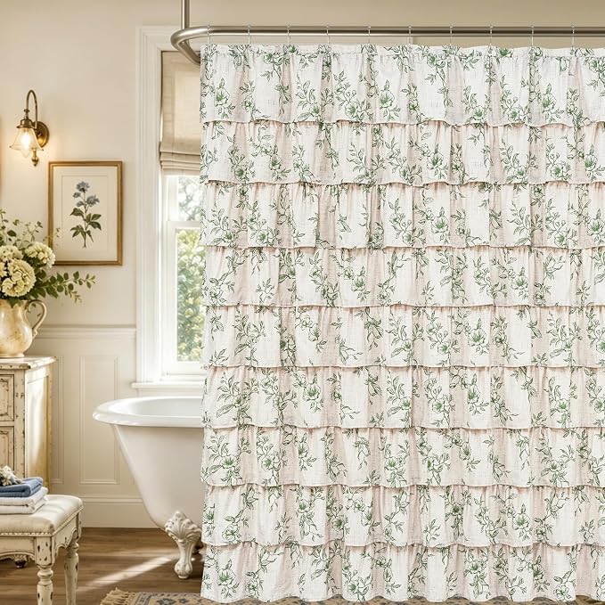 Extra Long Farmhouse Ruffle Shower Curtains with Green Floral, 72"Wx84"L | French Country Vintage Rustic Washable Waterproof Shower Curtain for Bathroom Bathtub, 12 Metal Hooks