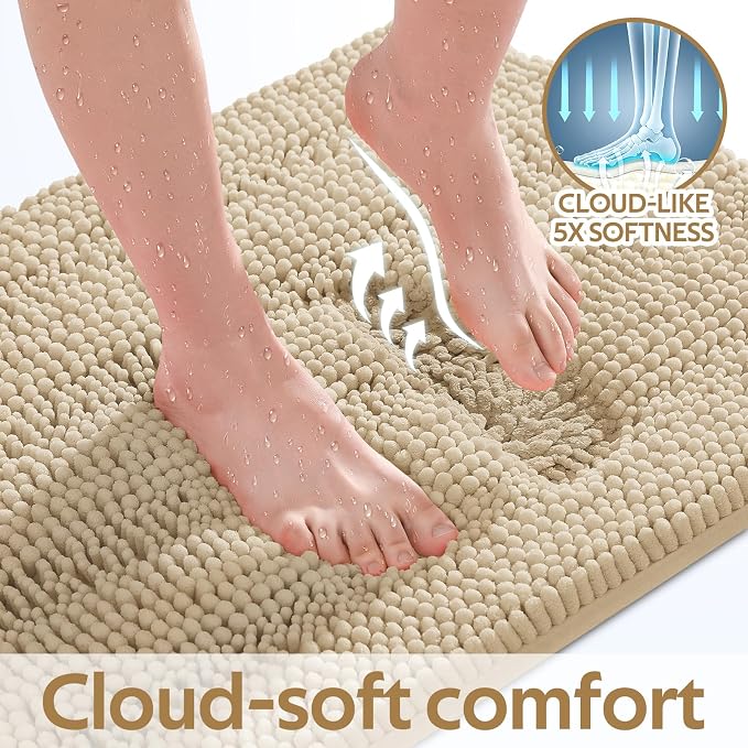 Striped Beige Bathroom Rug Mat Set 2 piece 24"x17"+48"x20" Ultra Soft, Non Slip Chenille Bath Rugs, Absorbent Plush Shaggy Bath Mats for Bathroom, Bedroom, Kitchen, Shower, Tub