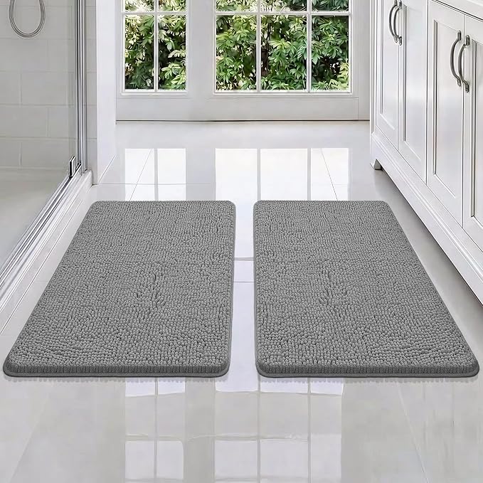 Bcoimo Bath Rug Mat Sets, 2 Piece Extra Soft Chenille Gray Bathroom Mat Set | Non Slip with Rubber BackingBathroom Rug set; Machine Washable;Extra Soft Bath Rug;High Absorbent、Quick Drying Microfiber mat