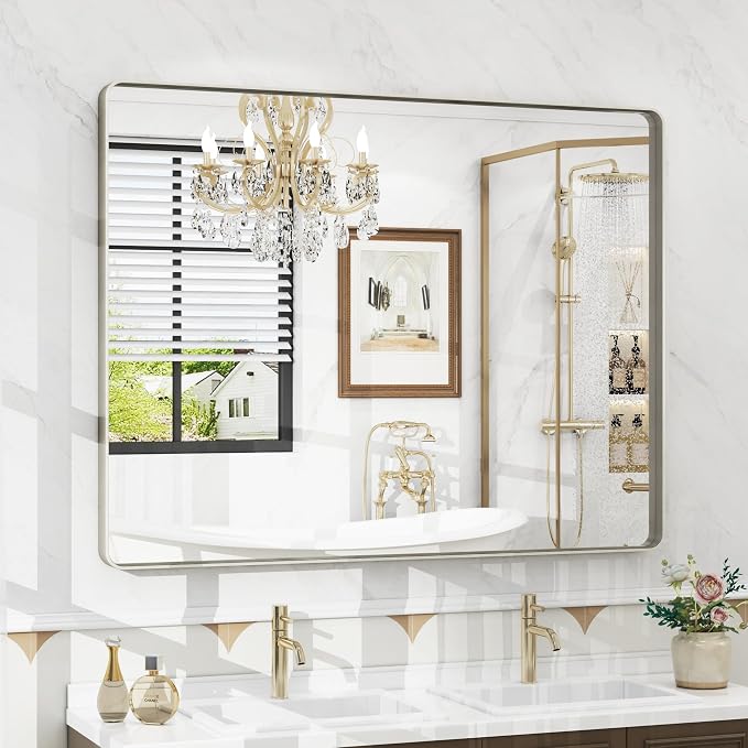 40x30 Inch Brushed Nickel Bathroom Mirror, Brushed Silver Metal Framed Wall Mirror, Rounded Corner Rectangle Modern Vanity Mirror, Tempered Glass, Anti-Rust, Shatterproof (Horizontal/Vertical) | Silver Metal Framed Wall Mirror, Rounded Rectangle Vanity...
