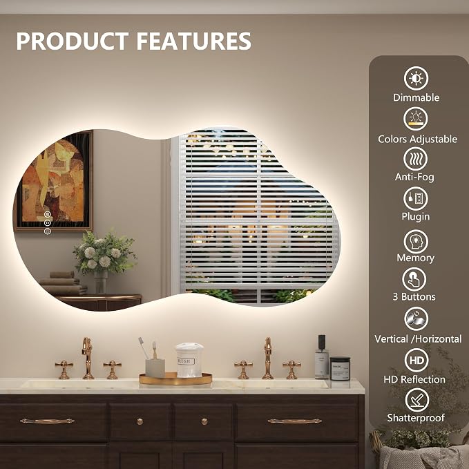 48x26 Inch Irregular LED Backlit Bathroom Mirror | Asymmetrical Lighted Vanity Mirror for Wall, Cloud Shape, Anit-Fog, Dimmable, Memory, Shatterproof (Horizontal/Vertical)