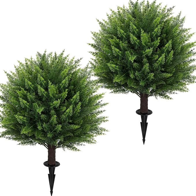 Artificial Cedar Topiary Ball Tree 23" with Ground Spike, Set of 2 Artificial Boxwood Bushes for Faux Shrubs, Fake Evergreen Faux Plant for Indoor Outdoor Porch Garden- UV Resistant – Fade-Proof