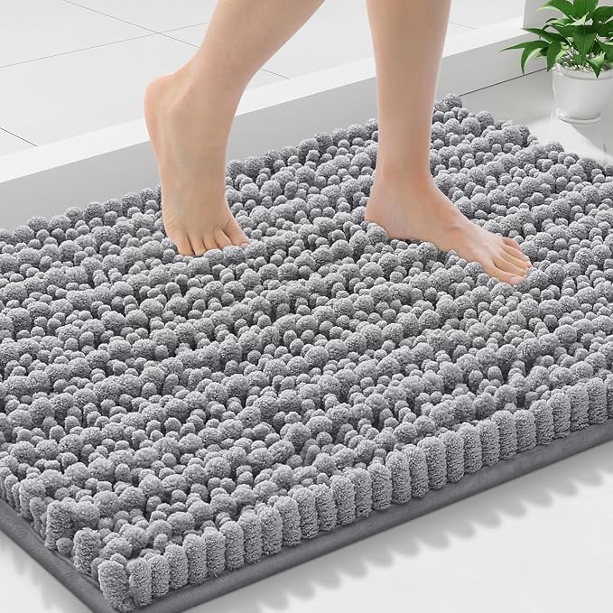 Smiry Bathroom Rugs 30X18, Extra Soft Rubber Backing Chenille Bath Mats | Grey Machine Washable Non Slip Quick Dry Bath Mats for Bathroom Floor, Tub, Shower, Home Decor Accessories