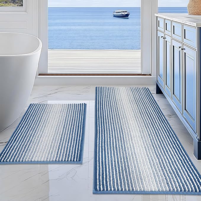 Bathroom Rugs and Mats Sets, 2 Piece Thick Absorbent Chenille Bath Mat Rug Set Non Slip, Soft Shaggy Bath Room Floor Mats for Bathroom, Machine Washable (Sky Blue, 20" x 47" Plus 16" x 24")