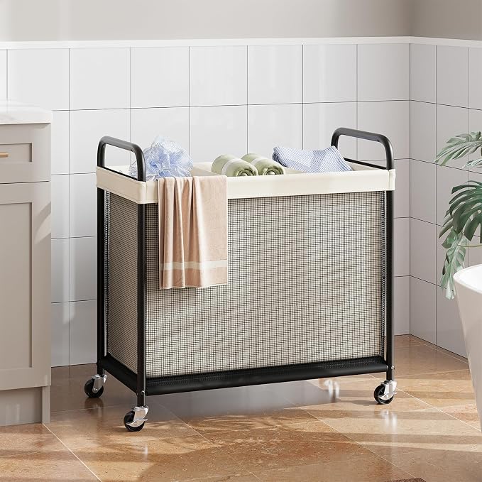 ELYKEN Laundry Hamper 3 Section, 120L Rolling Laundry Sorter with Wheels | Removable Washable Liner Bags, Sturdy Steel Frame and Metal Handle, 3 Compartment Clothes Organizer for Laundry Sorting
