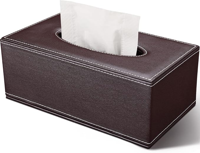 Tissue Box Cover Rectangle, PU Leather Tissue Box Holder Rectangular, Kleenex Box Covers for Home/Office/Car Decoration 9.84"X5.23"X3.77" - Brown