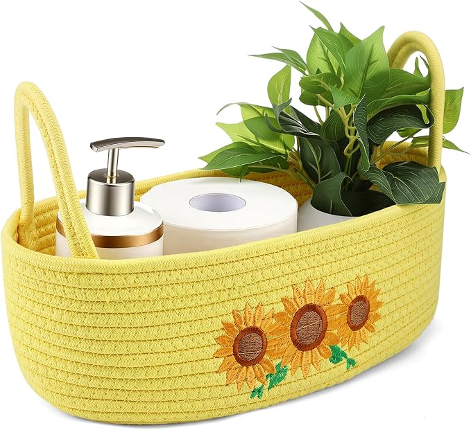 Vesici Sunflower Basket Yellow Woven Cotton Rope Bathroom Organizer | Boho Decor for Toilet Tank Top, Nursery Toys, Bedroom Countertop, Woven Organizer with Handles, 13x6x4 Inch