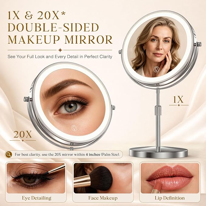 Professional 9" Lighted Makeup Mirror with Magnification 1X/20X 3600 Lux | 80 LEDs Ultra-Bright, 5000mAh USB-C Rechargeable, 3 Color Stepless Dimming, Stable Ergonomic Design, Birthday Gifts for Women