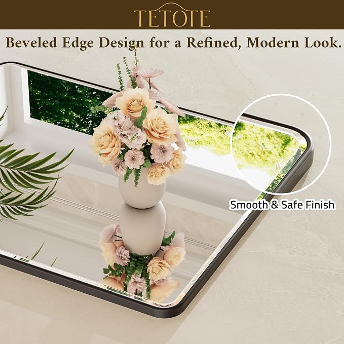 Black Mirrors for Wall 48 x 30 Beveled Edge Tempered Glass, Rounded Corner Rectangle Framed Mirror for Modern Bathroom, Living Room, Bedroom, Entryway