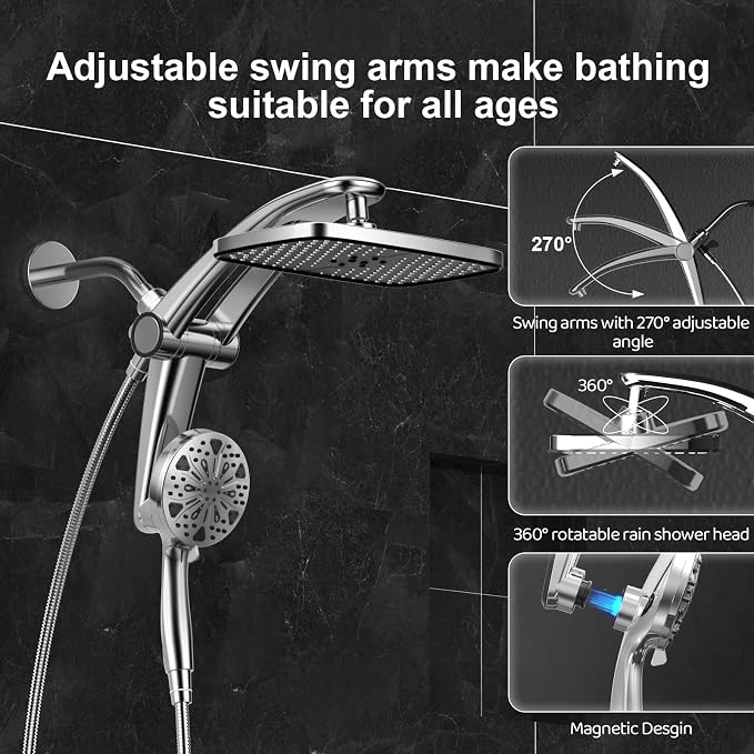 Rain Shower Head with filtered Handheld High Pressure rainfall Shower Heads with Handheld Spray Combo Adjustable one-piece stand daul shower head Built-in Magnetic Docking and Power Jets | Dual shower heads; one-piece bracket adjusts height and angle; ...