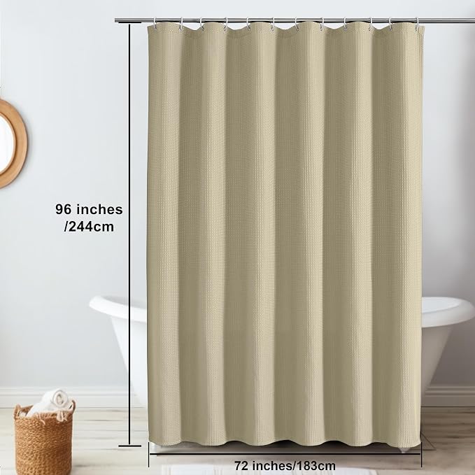 Extra Long Shower Curtain Set- 96 Inch Long Waffle Weave Heavy Duty Fabric Shower Curtains for Bathroom, Luxury Heavy Duty Thick Cloth Shower Curtain with 12 Plastic Hooks, 72Wx96L, Taupe