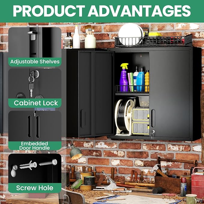 Garage Storage Cabinet System,Wall Cabinet & Locking Rolling Tool Cabinet with Doors and Adjustable Shelves