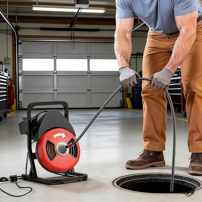 50FTx1/2 Inch Drain Cleaner Machine with Wheels, Sewer Snake Electric Drain | Plumbing Snake Auger Cleaner for 2" to 4" Pipes with 6 Cutter & Foot Switch for Sewer, Sink, Toilet, Bathroom