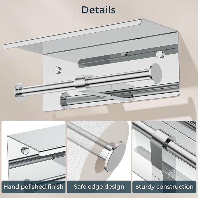 FORIOUS Toilet Paper Holder with Shelf, Commercial Toilet Paper Dispensers | Chrome | Wall Mount Bathroom Tissue Holder | SUS304 Stainless Steel Rustproof | Double Tissue Roll Holder