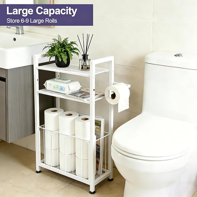 Freestanding Toilet Paper Holder with Storage for Small Bathrooms, White | Space-Saving Bathroom Organizer for Small Spaces, Toilet Roll Holder Stand Keeps Rolls Clean & Dry