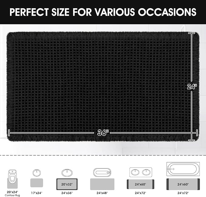 Upgraded Waffle Bath Mat, 36"x24" Black, Super Absorbent Non-Slip Quick Dry Bathroom Rugs with Tassels, Machine Washable Ultra Soft Boho Bath Rugs for Floor, Toilet Mats Boho Farmhouse Decor