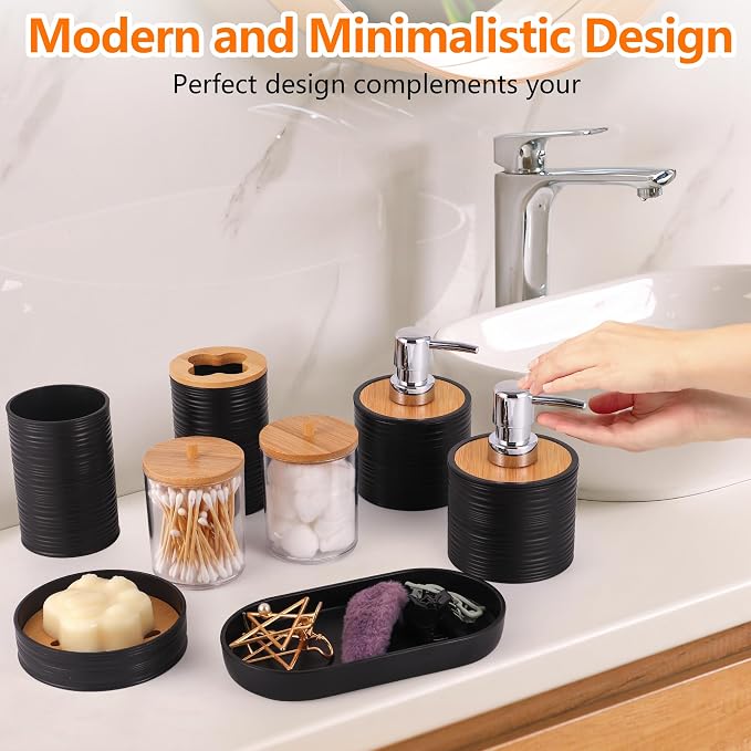 10 PCS Black Bathroom Accessories Set with Trash Can Bathroom Accessory | All-in-One Kit with Trash Can,Toothbrush Holder,Soap Dispenser,Toothbrush Cup,Vanity Tray,Soap Dish,Toilet Brush etc for Home