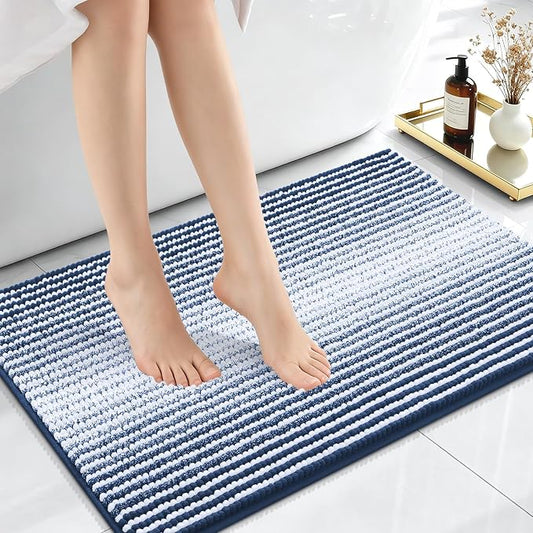 OLANLY Small Bathroom Rugs 24x16, Soft Chenille Striped Bath Rugs, Navy | Extra Absorbent, Rubber Backing, Machine Wash Dry, Bath Mats for Bathroom Floor, Tub and Shower, Home Decor Accessories