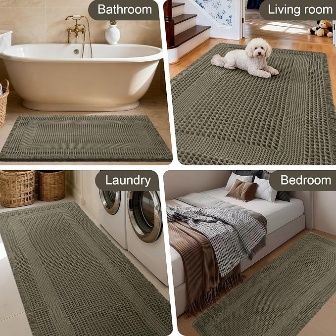 Upgraded Waffle Bath Mat, 36"x24" Greyish Green-Looped, Super Absorbent Non-Slip Quick Dry Bathroom Rugs with Tassels, Machine Washable Ultra Soft Boho Bath Rugs, Toilet Mats Boho Farmhouse Decor