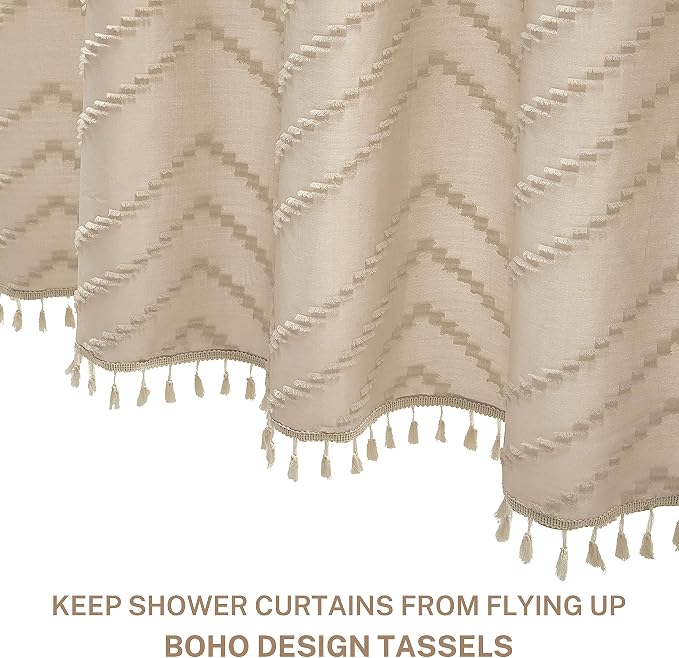 Siiluminisoy Extra Long Beige Boho Shower Curtain with Tassel, Woven Fabric 90 in, Tufted Chevron Striped, 72 x 90, Modern Chic Textured Minimalist Bathroom