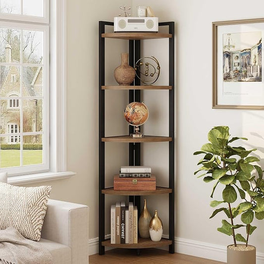 Tall Corner Shelf, Industrial Corner Bookshelf, Wood and Metal Corner Shelf Stand for Living Room, Rustic Display Plant Stand for Home Office (Medium Walnut)