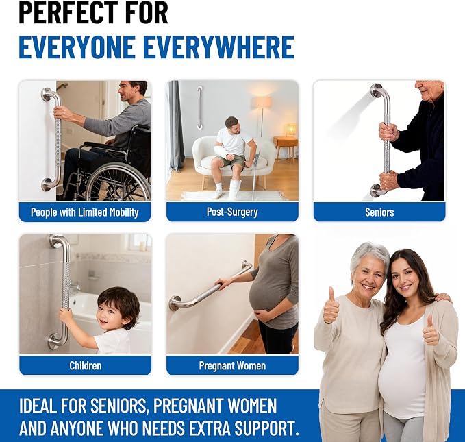MrHAND Shower Grab Bar for Senior, 16 Inch 2 Pack, Anti-Slip Silicone Grip | SUS 304 Stainless Steel, Wall Mounted Shower Handles, ADA Compilant, Suitable for Seniors, Handicap, Pregnant & Kids