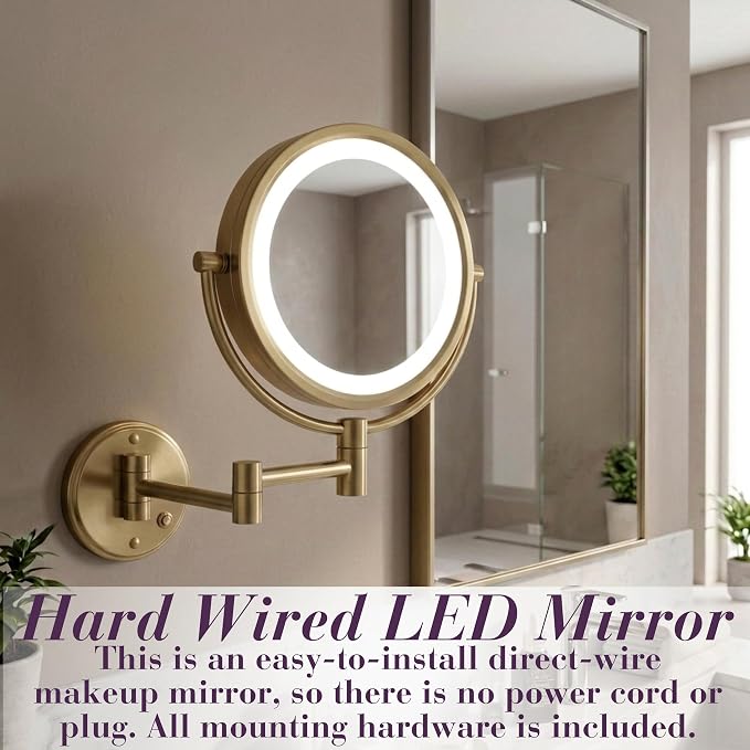 JERDON Hardwired Wall-Mount Makeup Mirror - 8X/1X - Gold - HL88BGLD | 8.5" Round Frame, 13.5" Wall Arm, LED Lighting, Direct Wire Installation