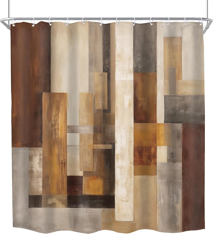 Abstract Brown Rustic Tan Block Rust Wood Bathroom Shower Curtain Set | 72Wx72H Geometric Farmhouse design, waterproof HD print with fast-drying fabric and 12 hooks.