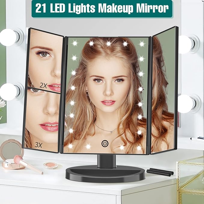 Lighted Makeup Mirror, 1-3X Magnifying Trifold LED Vanity Mirror | Vanity Mirror with Lights, 21 Bright LED Lights, Touch Control Dimmable Brightness, 180 ° Rotaion