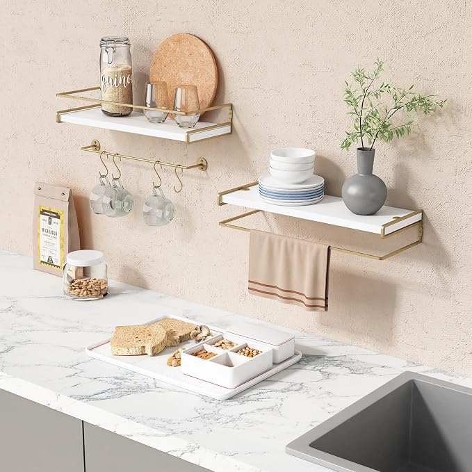 Forbena Floating Bathroom Shelves Wall Mounted, Aesthetic White and Gold Shelves for Bathroom Accessories, Modern Bathroom Organizer with Tower Bar for Wall Decor Storage Small Spaces, Set of 2