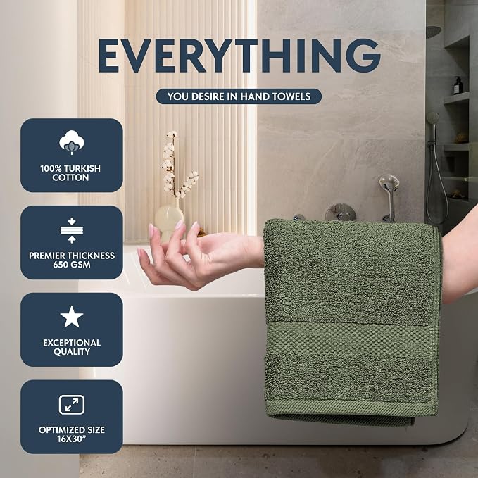 White Classic Luxury Forest Green Hand Towels - Soft 100% Turkish Cotton | Highly Absorbent Hotel spa Bathroom Towel Collection | 16x30 Inch | Set of 6