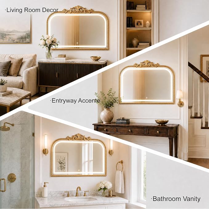 33x26 LED Mirror with Lights Gold Arched Bathroom Vanity Mirror | Gold arched LED bathroom mirror with lights, 33x26 inch wall mirror, touch control vanity mirror for bathroom, home decor