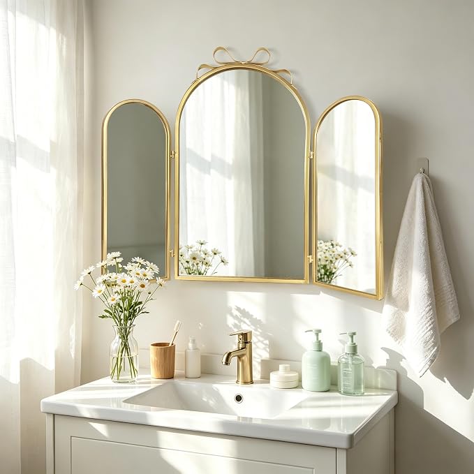 BAODANFU Trifold Vanity Mirrors Bow Top, Gold 3-Way Makeup Mirrors Over Bathroom Sink, Adjustable Arched Decorative Mirror for Entryway, Bedroom, Dressing Room, Tabletop & Wall Mounted, Braiding Hair