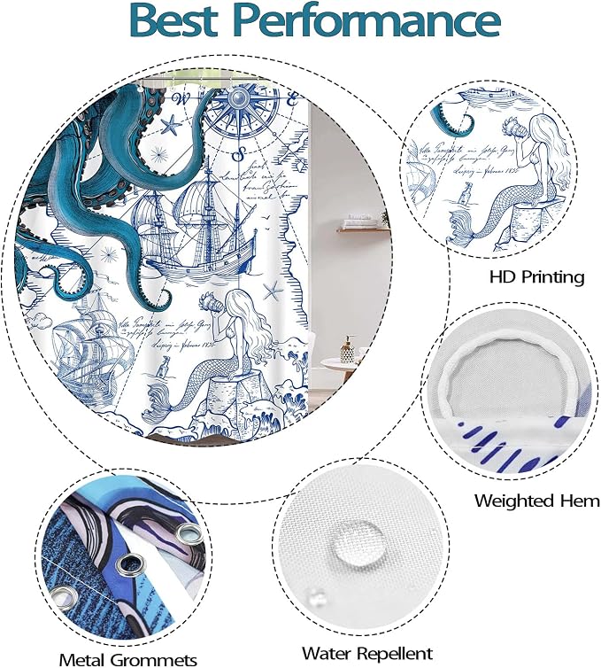 Fungarth Blue Nautical Octopus Shower Curtain Navy Mermaid Funny Ocean Kraken Shower Curtains for Bathroom Cool Anchor Coastal Map Waterproof Fabric Bath Curtain Decor with Hooks (Blue, 72” x 72”)