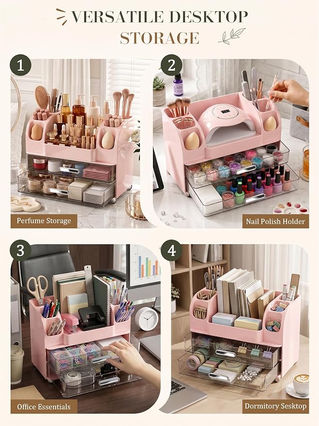 Large Makeup Organizer Countertop for Vanity Skincare Organizers | Waterproof Perfumes Organizers with 2 Drawers and Brushes Holders, Cosmetic Storage for Lipsticks,Eyeshadow Palettes, Pink
