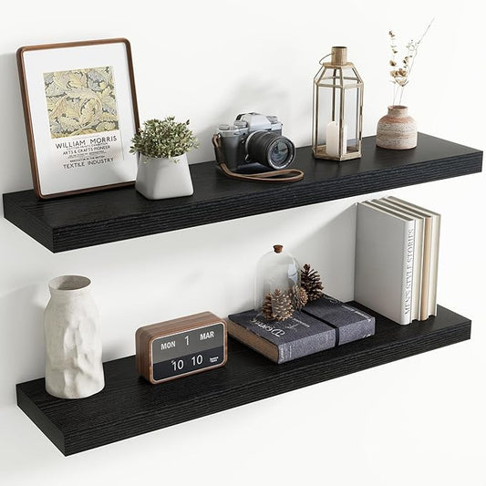 40 Inch Floating shelves for Wall, 8 Inch Deep, Invisible Brackets, Black | Rustic Wall Mounted Shelf, Storage & Display, Wooden Shelves for Living Room, Kitchen, Bathroom and Home Decor, Set of 2