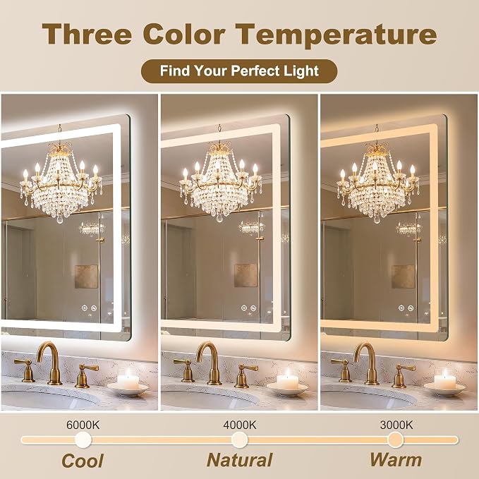 LED Bathroom Mirror with Lights, 30" x 30" Lighted Vanity Mirror | Frontlight+Backlit, 3 Colors Dimmable Brightness, Anti-Fog, Memory Function, Shatterproof Tempered Glass, Horizontal/Vertical