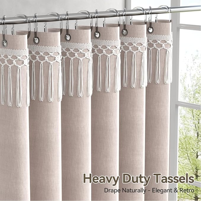 AmazerBath Taupe Boho Shower Curtain with Tassels, Linen Textured Farmhouse Shower Curtain Set with 12 Hooks, Washable Water-Repellent Neutral Fabric, 72x72 Inches Tan