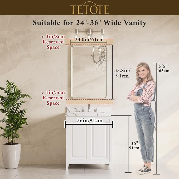 Black Bathroom Mirror for Over Sink 24 x 36 Beveled Edge Tempered Glass, Rounded Corner Rectangle Framed Mirror for Modern Bathroom, Living Room, Bedroom, Entryway